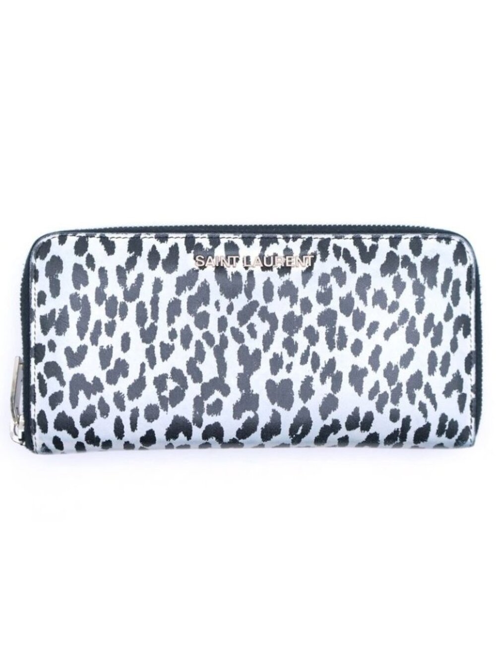 Saint Laurent Yves Zip Around Wallet Card Case Black White Leopard Leather - Picture 1 of 6